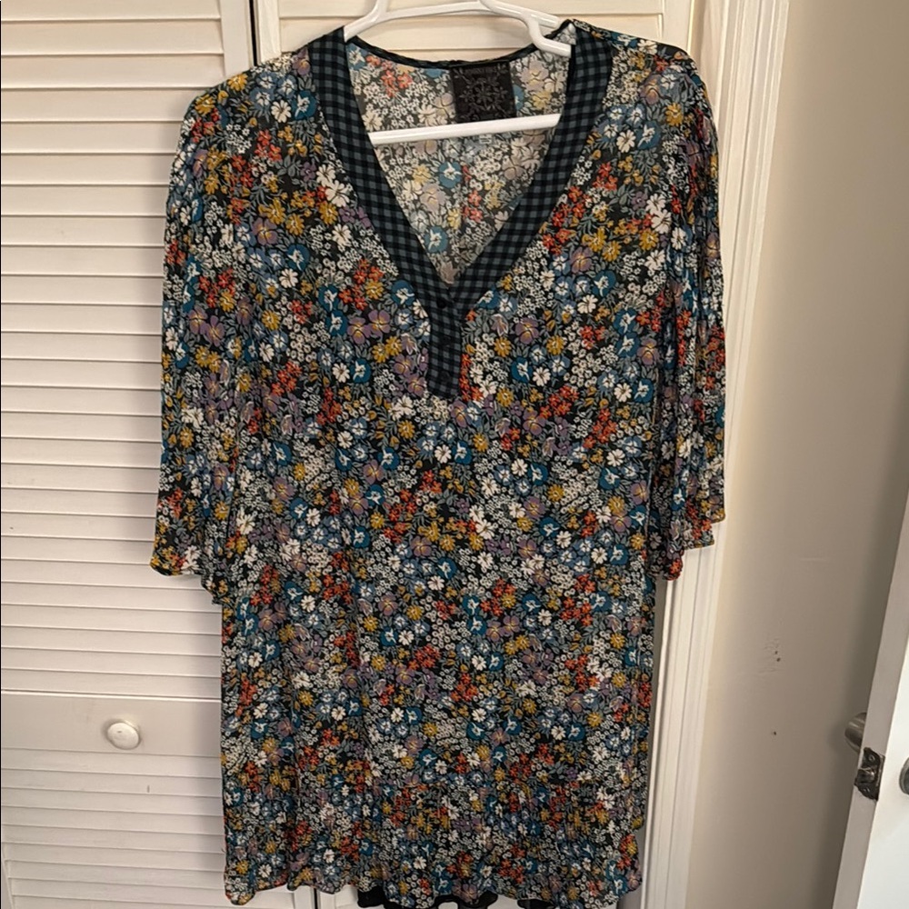 Johnny Was Blue and Brown Embellished 3/4 Sleeve Blouse